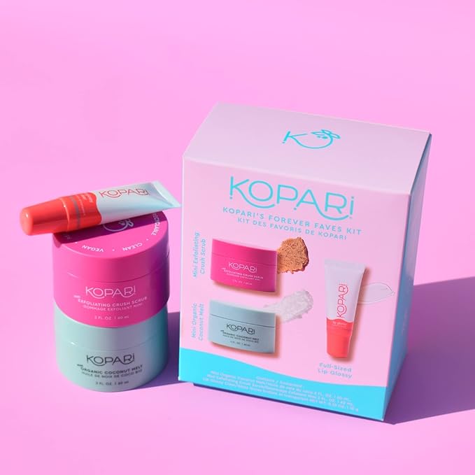 Kopari Forever Faves Bundle | Mini Organic Coconut Melt, Exfoliating Mini Coconut Crush Scrub, Clear Moisturizing Lip Glossy | Body and Lip Kit to Soothe and Hydrate Dry Skin | Cruelty Free, Vegan-BrightBean Baby