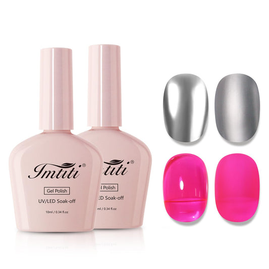 Imtiti Metallic Gel Nail Polish Set, 2 Pcs 10ml Chrome Mirror Shine gel polish & Hot Pink Jelly GEl POlish Soak Off UV LED Spring Summer Nail Art Manicure Salon DIY Design Kit-BrightBean Baby