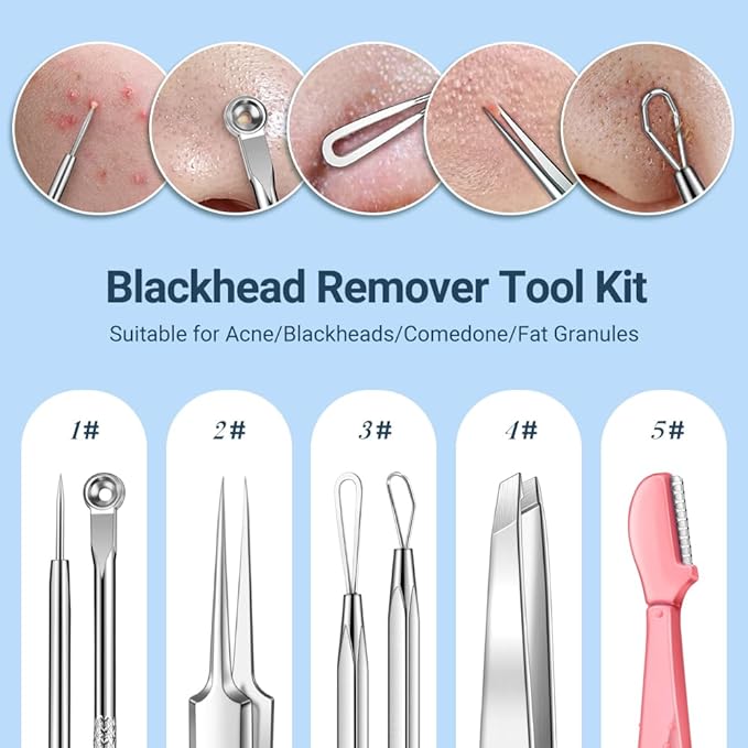 TsMADDTs Blackhead Remover Tools, Ingrown Hair Tweezers, Pimple Popper Tool Kit, Blackhead Extractor, Eyebrows Tweezers for Women Facial Hair Razors-BrightBean Baby