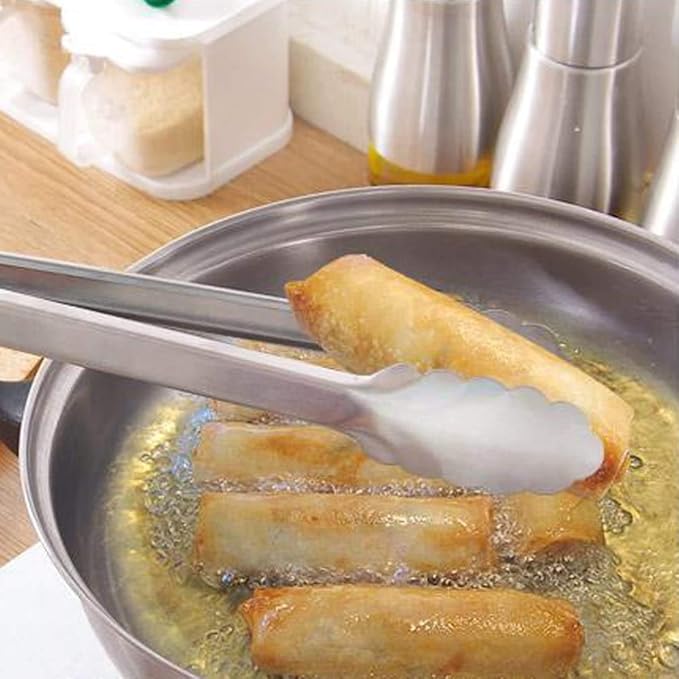 304 Stainless Steel Kitchen Cooking Tongs, 9" and 12" Set of 4 Sturdy Grilling Barbeque Brushed Locking Food Tongs with Ergonomic Grip, Black