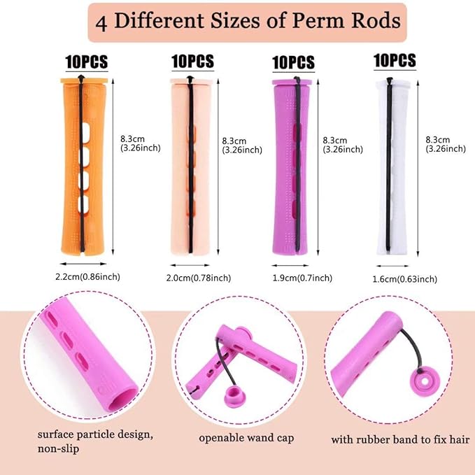40pcs Perm Rods Set for Natural Hair 4 Sizes Cold Wave Rods Hair Rollers for Women Curling Rods for Long Medium Small Hair Curler Styling DIY Hairdressing Tools（Orange+Beige+Purple+white）-BrightBean Baby