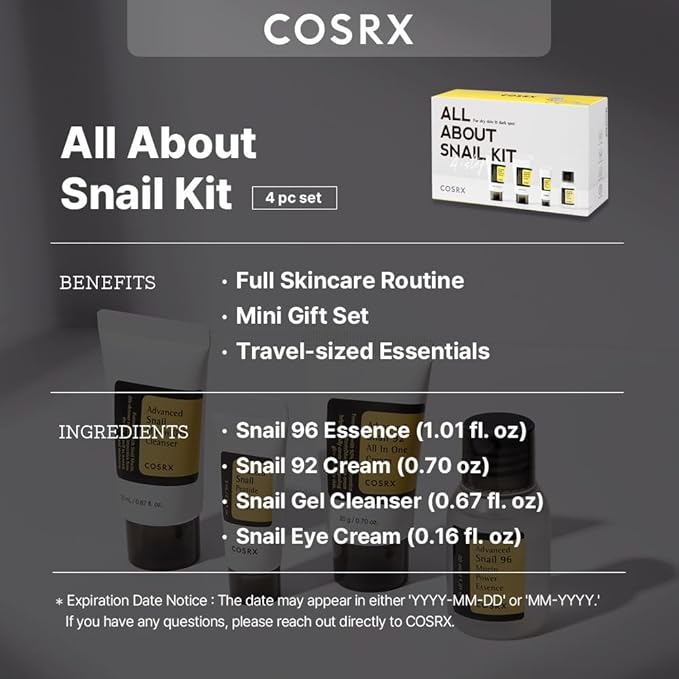 COSRX All About Snail Korean Skincare | TSA Approved Travel Size, Gift Set with Face Gel Cleanser, Essence, Cream & Eye-cream, Repairing, Recovering, Rejuvenating Kit with Snail Mucin, Korean Skincare-BrightBean Baby