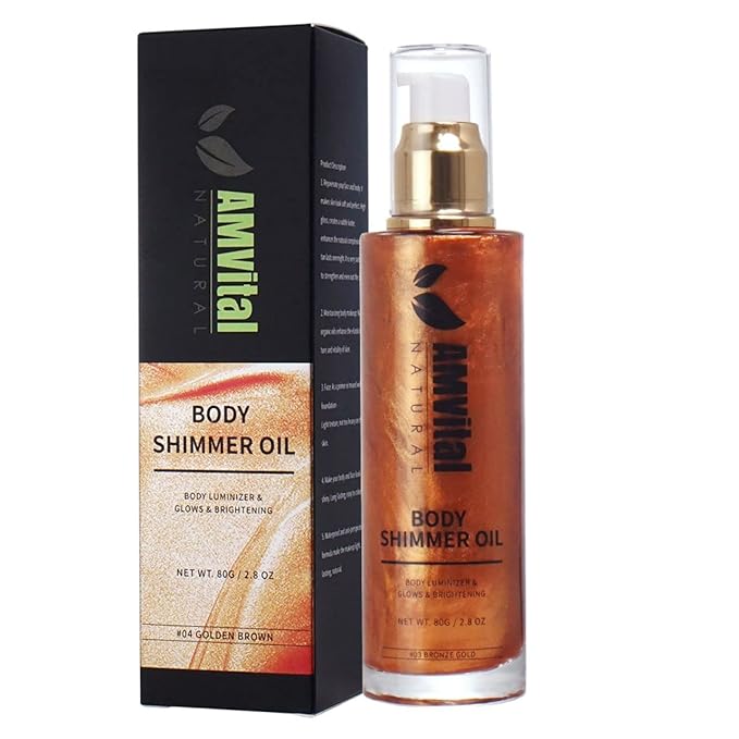 Shimmer Body Oil Golden Brown, Illuminator Highlighter for Face & Body Makeup Shine, Non-Sticky Body Moisturizing For All Skin Types, Fast Absorbing & lightweight Body Oil For Women-BrightBean Baby