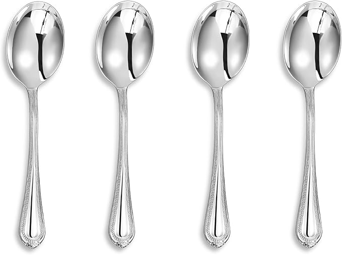 KEAWELL Pearl Edge 4-Piece Premium Spoon Set, 18/10 Stainless Steel, Fine Silverware Spoons with Refined Bead Design, Brightly Polished, Dishwasher Safe (Silver, 6.3" Condiment Spoons)