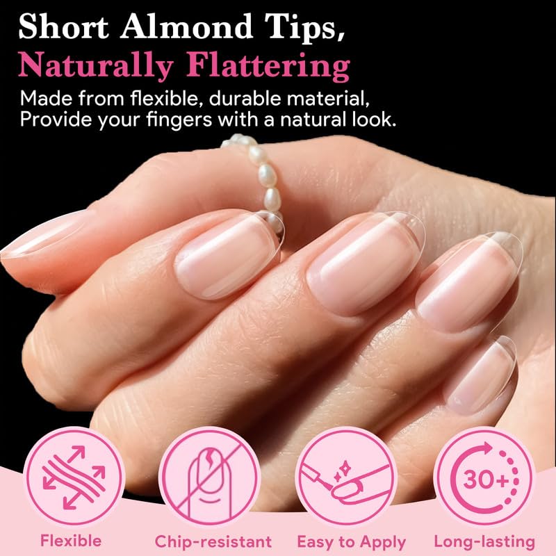 Short Almond False Nail Tips, 15 Sizes 510 PCS Clear Soft Press On Fake Nail Pre-shaped Half Matte Full Cover Gel Nail Tips Extensions Strong Thick Long Lasting for DIY Beginners & Salon Manicure-BrightBean Baby