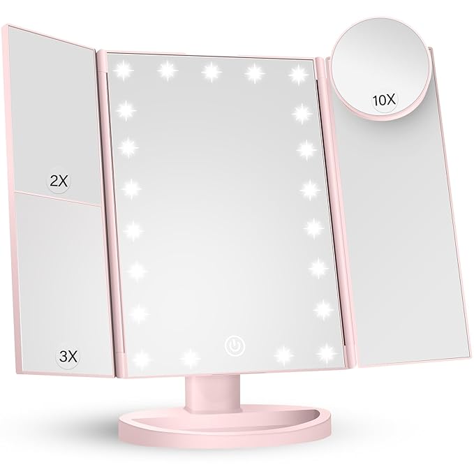 HUONUL Makeup Mirror Vanity with Lights, 2X 3X 10X Magnification, Lighted Mirror, Touch Control, Trifold Dual Power Supply, Portable LED Women Gift (Pink)-BrightBean Baby