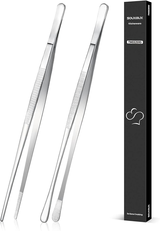 2 Pcs 12-inch Cooking Tweezers Tongs Precision Serrated Tips, Stainless Steel Professional Chef Tweezer Kitchen Tools for BBQ, Plating and Serving（Silver）