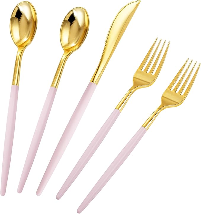 Rubtlamp 90Pcs Gold Plastic Silverware, Thanksgiving Gold Utensils Set With Pink Handles Include 30 Gold Knives, 60Plastic Forks and Spoons, Pink Silverware Heavy Duty For Thanksgiving