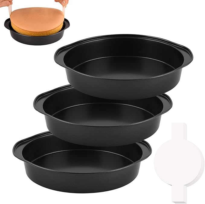 HUAKENER 8 Inch Cake Pan - Set of 3 Round Cake Pans with 100 Pieces Parchment Paper, Non-stick Cake Baking Pans with Handle, Dishwasher Safe