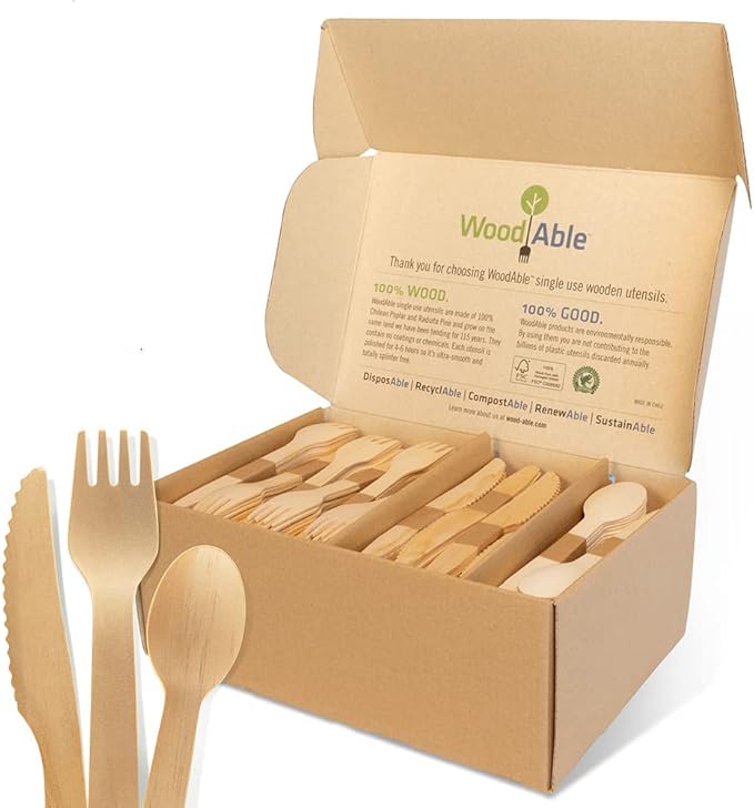 Disposable Wooden Cutlery Set - 100% Home Compostable - 480 Mix (240 Forks, 80 Spoons and 160 Knives) 6.5", Bamboo Utensils Alternative, Eco-Friendly, Organic, Sustainable and Carbon Neutral Certified