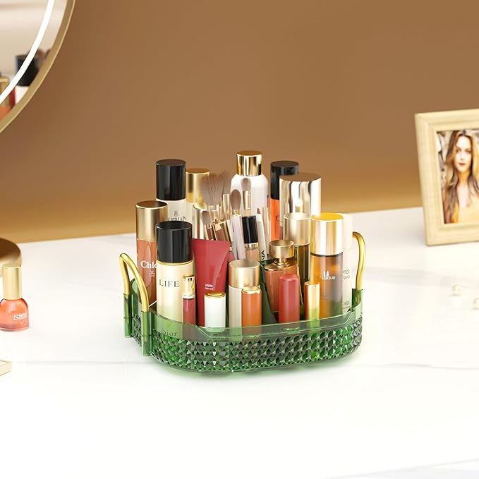 Awenia Rotating Makeup Organizer 360, Stackable Adjustable Large Capacity Cosmetic Storage Unit,Dresser Bathroom Kitchen Countertop Organizer with Metal Handle, Plus Size (Gem Green, 1 Tier)-BrightBean Baby