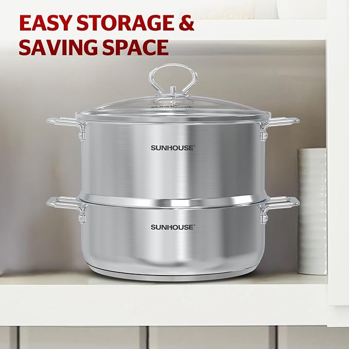 SUNHOUSE 2-Tier Stainless Steel Steamer Pot 5.5QT - Toxin-Free Healthy Cooking