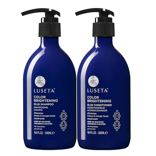 Luseta Blue Shampoo & Conditioner Set - Color Brightening for Brassy and Brunette Treated Hair, Revive Cool Tones, 2x 16.9oz-BrightBean Baby