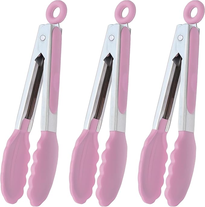 Small Serving Tongs with Silicone Tips 7-Inch Mini Tongs, Set of 3 (Pink)