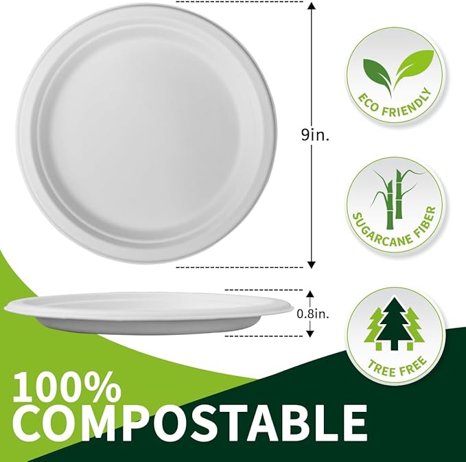 9 Inch Compostable Paper Plates 【White150 Pack】,100% Sugarcane Bagasse Medium Disposable Plates, Sturdy Heavy Duty, Biodegradable Dinnerware for Party, BBQ, Picnic, Camping