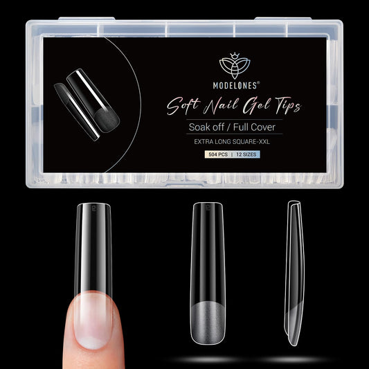 Modelones Long Square XXL Fake Nail Tips - 504Pcs Gel Tips Pre-shaped Half Matte Full Cover Clear Acrylic Gel Kit False Press on Nails for Extension DIY Salon 12Sizes-BrightBean Baby