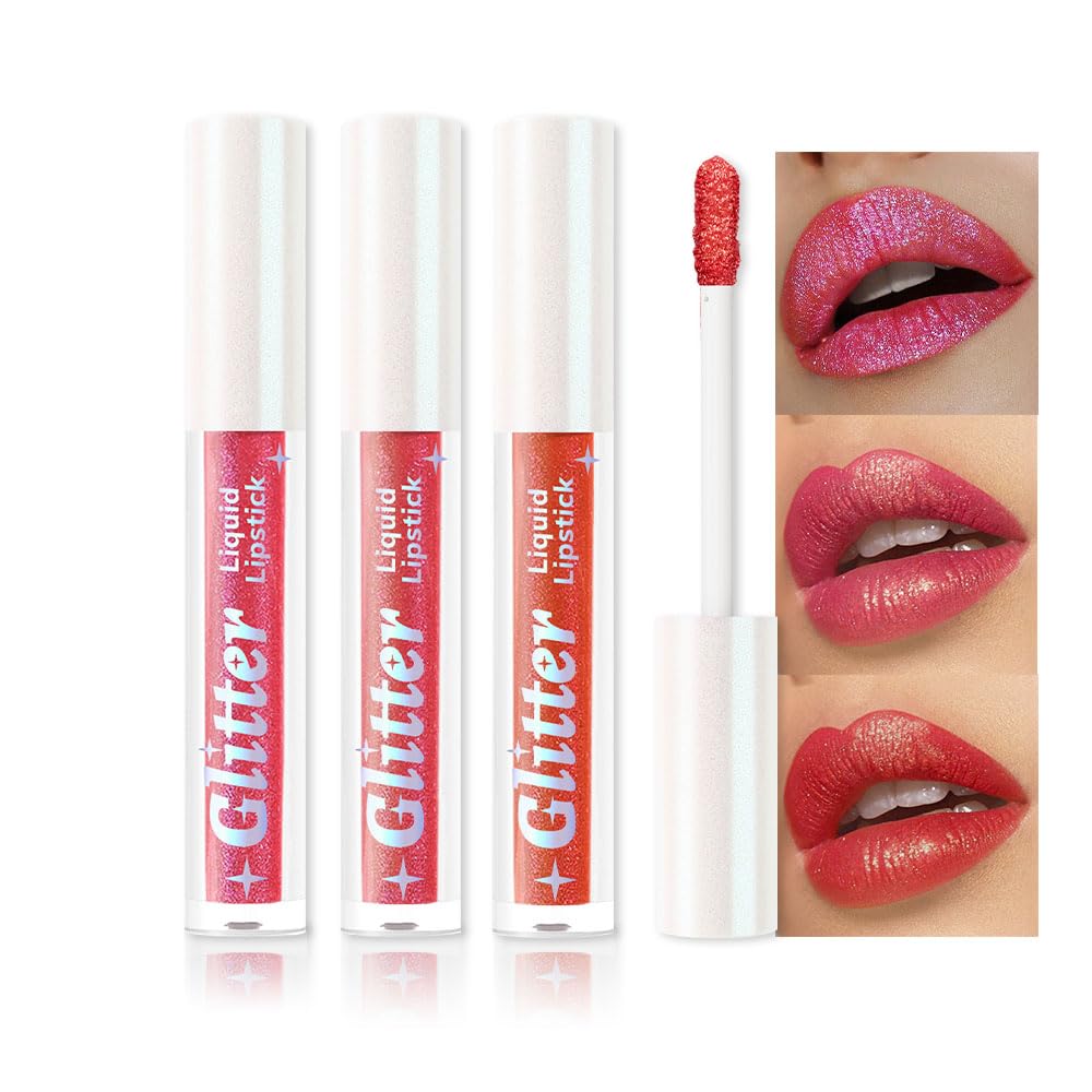 3Pcs Metallic Lipstick for Women,Lightweight Glitter Sparkling Liquid Lipsticks,Shimmer Lip Gloss Stain Long Lasting Waterproof Smudge Proof Non-Drying 24 Hour Full Coverage Lip Makeup,Vegan-BrightBean Baby