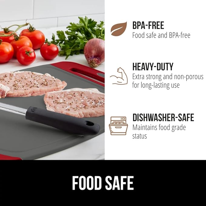 GORILLA GRIP BPA-Free Reversible Kitchen Cutting Board Set of 3, US Designed, Nonporous, Juice Grooves Catch Liquid, Slip Resistant Border, Dishwasher Safe, Durable Large Food Chopping Boards Red Gray