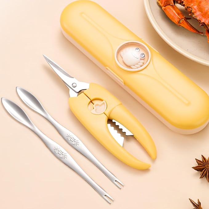 ACCUFINE Crab Crackers and Tools Yellow in Case Set for Party Crab Scissors for Cutting the Shell Lobster Crackers and Picks Sets with Carrying Case Seafood Scissor Shrimp (yellow)