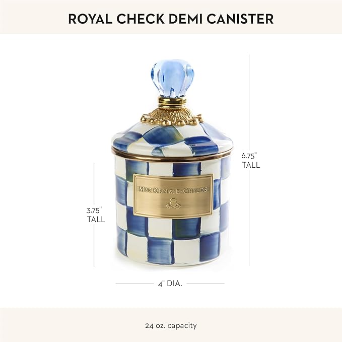 MACKENZIE-CHILDS Royal Check Enamel Canister, Blue-and-White Kitchen Storage Container with Lid, Demi