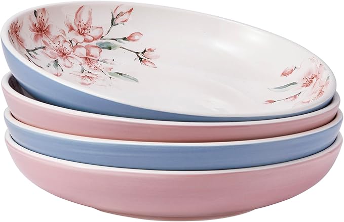 Bico Spring Sakura Pasta Bowls, 35oz Salad Bowl Set of 4, Large Ceramic Serving Dinner Bowls for Soup and Cereal, Microwave and Dishwasher Safe, Gift for Housewarming and Thanksgiving
