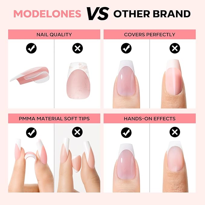 modelones French Tip Press on Nails, 150Pcs Short Coffin Fake Nails with Nail Box, Pink & White Gel Nail Tips for Women, Soft Glue-On Nails for Natural Salon Look, DIY Nail Art Kit (15 Sizes)-BrightBean Baby