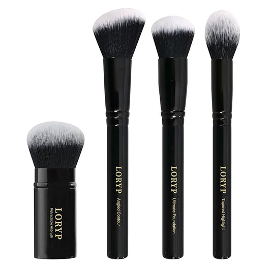 LORYP 4 Pcs Full Face Professional Makeup Brushes Set with Retractable Kabuki Airbrush For Powder,Liquid,Cream,Angled Blush Brush, Foundation Brush, Tapered Highlight Brush-BrightBean Baby