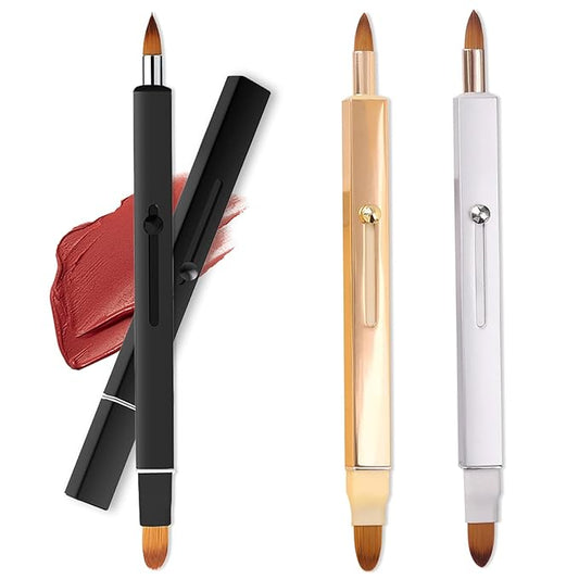 3 Pack Lip Brush for Lipstick Makeup Brushes Double-Ended Retractable Lip Brush with Cap Dustproof for Lipstick Gloss Creams Portable with Cap(Black + Gold + Silver)-BrightBean Baby
