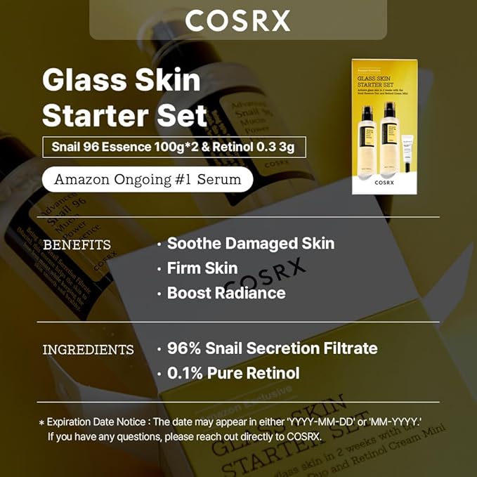 COSRX Glass Skin Korean Skincare Set- Advanced 96% Snail Mucin Serum (3.38fl oz * 2pcs) & Mini Sized 0.1% Retinol Cream for Face (0.1oz)- Korean Skin Care Gift Set, Anti Aging Set-BrightBean Baby