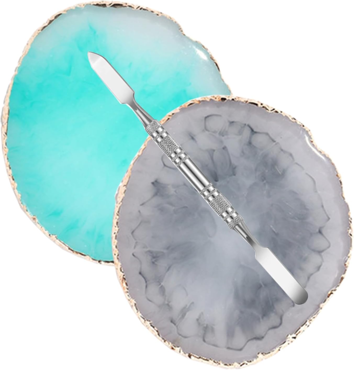 2 Pcs Resin Nail Palette Nail Polish Palette Nail Art Palette with Stainless Stirring Rod (Gray and Green)-BrightBean Baby
