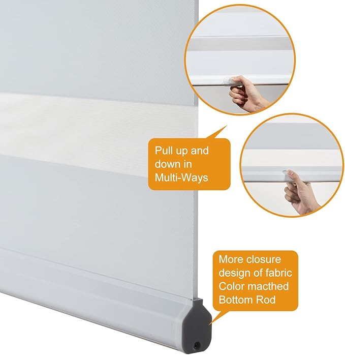 Persilux Cordless Zebra Blinds for Windows Shades (59" W x 72" H, White) Dual Layer Fabric for Day and Night Thermal Roller Shades, Free-Stop Room Darkening Sheer Shades for Home, Office and Bedroom