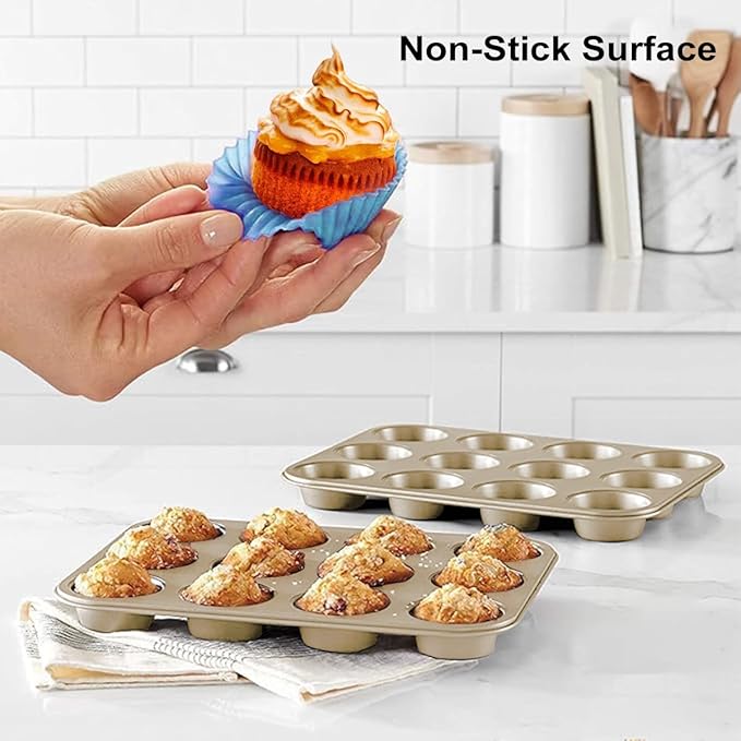 Muffin Pan, Cupcake Pan, Set of 2, 12-Cup Muffin Tin, Non-Stick Bakeware, Easy to Release and Clean, Baking Molds, Muffin Tray, Molds for Homemade Cupcakes & Muffins (Gold)
