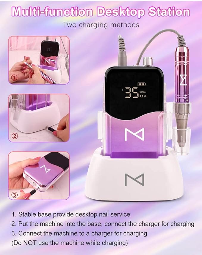 M Mase- Professional Nail Drill Machine - Coreless 2-in-1 Nail File - Electric, Cordless, 35000 RPM, HD Display - Electric Nail Drill for Professional & Home Use (Metallic Gold)-BrightBean Baby