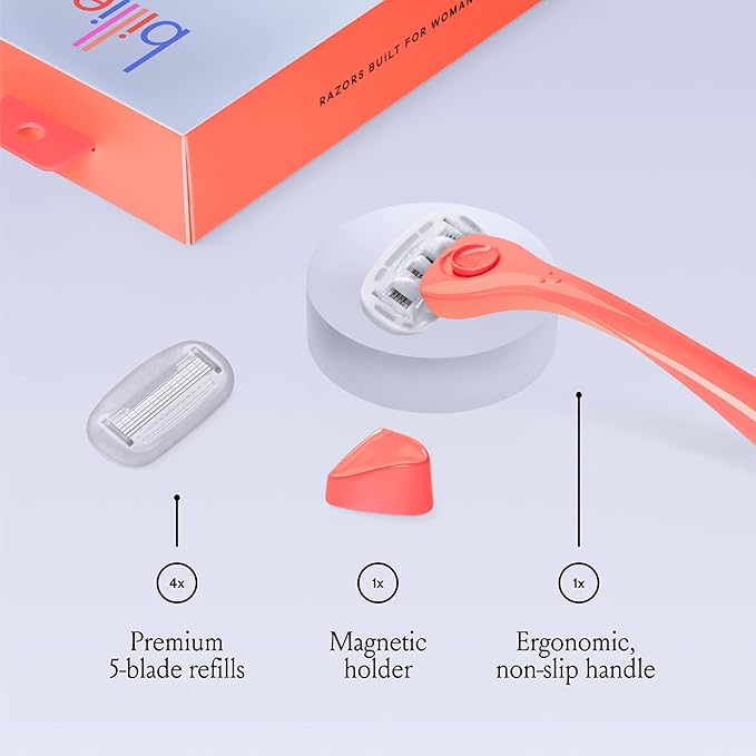 Billie Razors for Women Shave Kit – Women’s Razor + 4 x 5-Blade Razor Refills + Magnetic Holder – Coral-BrightBean Baby