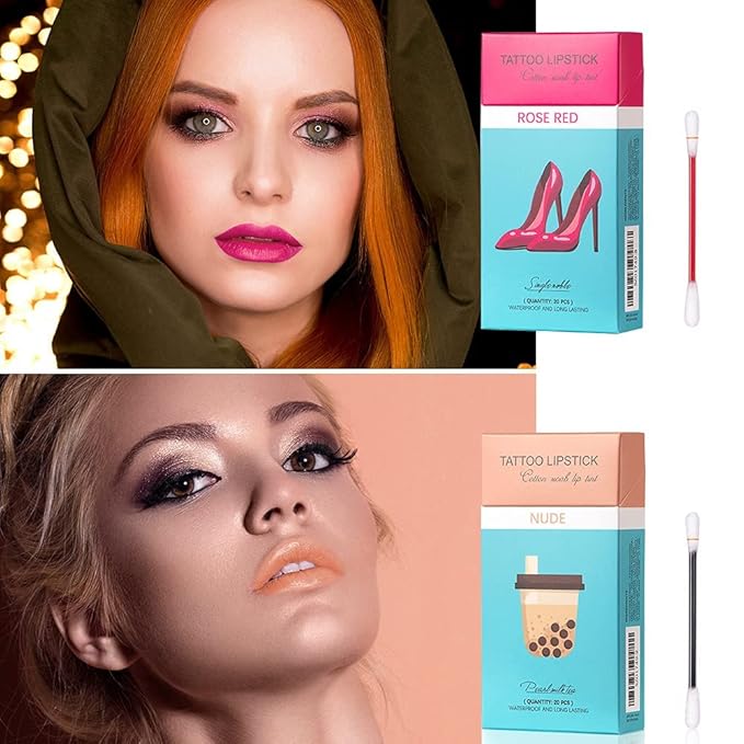 FLIPNEX 20Pcs Cotton Swab Tattoo Lipstick, Tattoo Lipstick Cotton Swab Lip Tint, Waterproof and Long Lasting Liquid Non-Stick Portable Lip Gloss (Rose)-BrightBean Baby