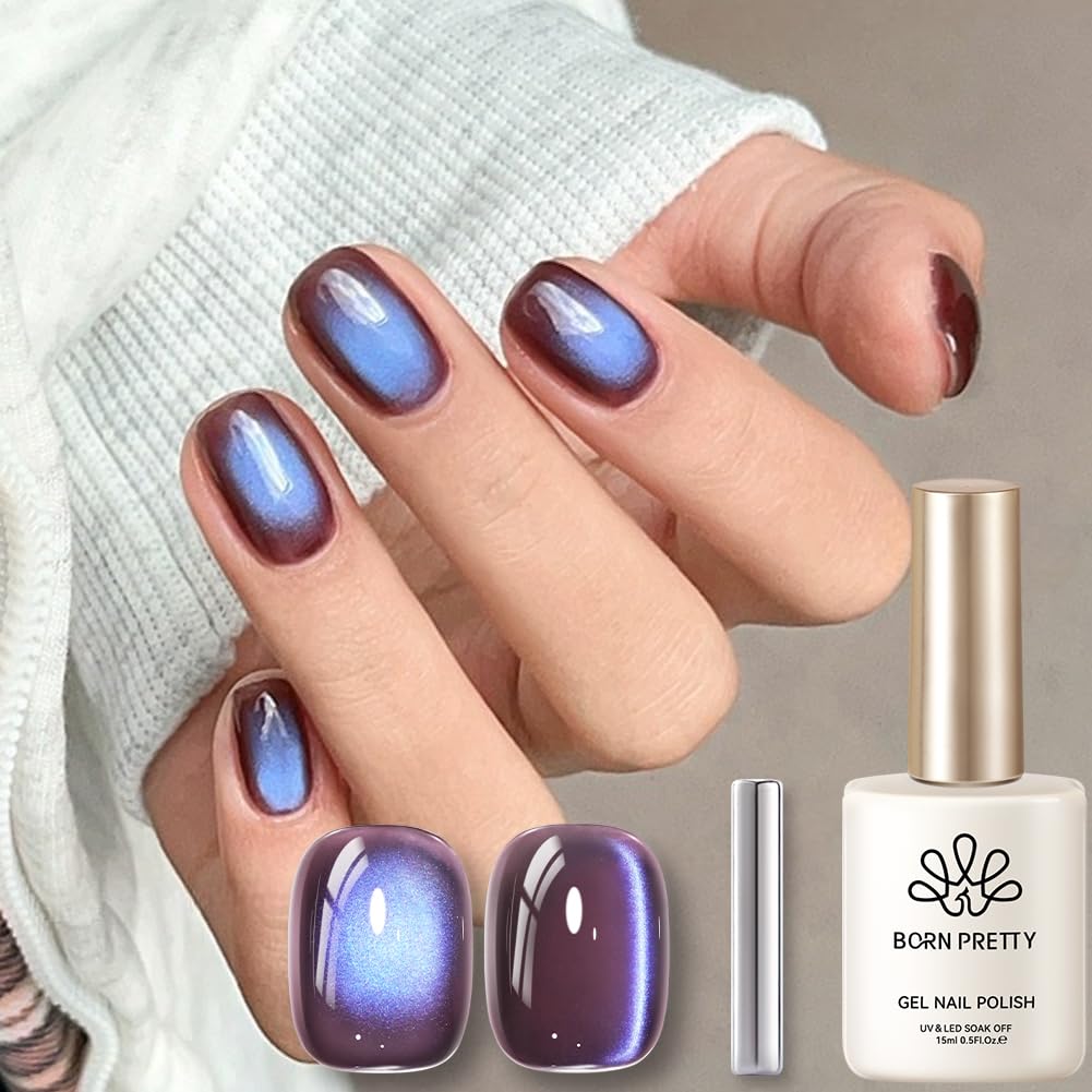BORN PRETTY Cat Magnetic Eye Gel Nail Polish,Indigo Eggplant Glitter Cat Magnetic Gel Nail Polish Magnetic Nail Polish for Nail Art Manicure Salon DIY at Home 15ML-BrightBean Baby