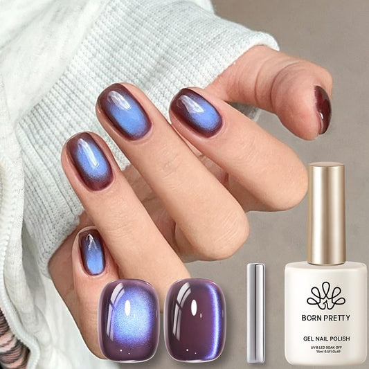 BORN PRETTY Cat Magnetic Eye Gel Nail Polish,Indigo Eggplant Glitter Cat Magnetic Gel Nail Polish Magnetic Nail Polish for Nail Art Manicure Salon DIY at Home 15ML-BrightBean Baby