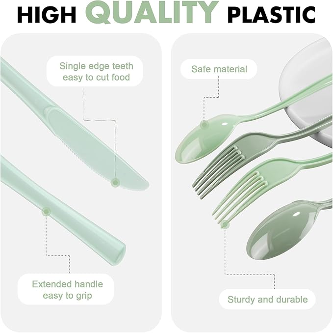 300 Pieces Sage Green Plastic Silverware Heavy Duty Plastic Cutlery Set Heavyweight Disposable Flatware Includes Spoons Forks Knifes for Birthday Party Prom Night Wedding Dinner