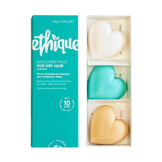 Ethique Discovery Pack for Dry Hair - Shampoo & Conditioner - Plastic-Free, Vegan, Cruelty-Free, Eco-Friendly, 3 Travel Bars, 1.59 oz (Pack of 1)-BrightBean Baby
