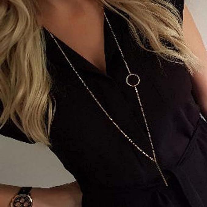 Vertical Bar Circle Necklace Silver Circle Pendant Necklace Boho Long Necklaces Chain Minimalist Geometric Ring Necklace Jewelry for Women and Girls-BrightBean Baby