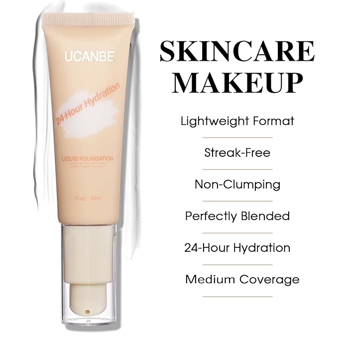 UCANBE White Liquid Foundation with Brush, Skincare Serum Foundation Face Makeup with Hyaluronic Acid, Medium to Medium to Full Coverage Waterproof Oil Control Longwear, for Mature Skin, 1 fl. oz.-BrightBean Baby