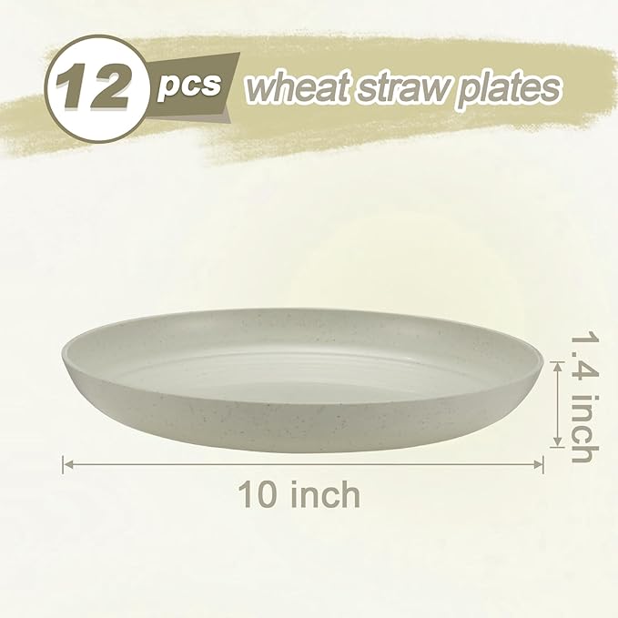 12 Pcs Unbreakable Deep Dinner Plates Set, 10 inch Reusable Plastic Wheat Straw Plates, Microwave and Dishwasher Safe Plate for Kitchen, Lightweight Plate for Dessert, BPA Free, Beige