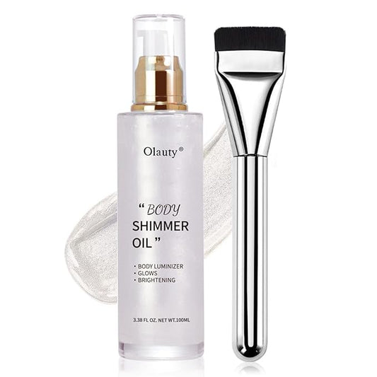 Shimmer Body Oil-Pearl White Face Brighten Glow Pearl Highlighter Liquid Illuminator Body Glow Oil,4 Color Bronze Makeup Glitter Body Shimmer Oil with Makeup Brush-BrightBean Baby