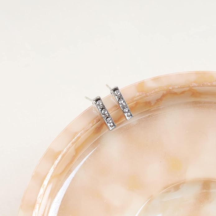 Geometric Crystal Bar Earrings Silver Cz Bar Stick Earrings Cz Rhinestone Bar Stud Earrings Silver Minimalist Earrings Jewelry for Women and Girls-BrightBean Baby