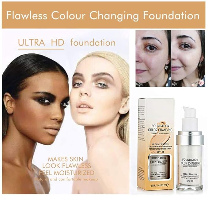 30ML Flawless Colour Changing Warm Skin Tone Foundation,Naturally Blends Moisturizing foundation makeup,Long Lasting Waterproof Poreless Liquid Foundation SPF 15 for Face Makeup-BrightBean Baby