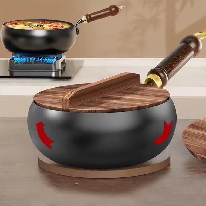 Jinswhdre Cast Iron Skillet, 9.5/11in Jinswhdre Japanese Irons Pan, Hand Forged Uncoated Iron Pan with Lid Spatula, Non-stick Wok for Cooker Gas Stir Fry Pans Durable and Rust-Free (Wooden Lid,11in)