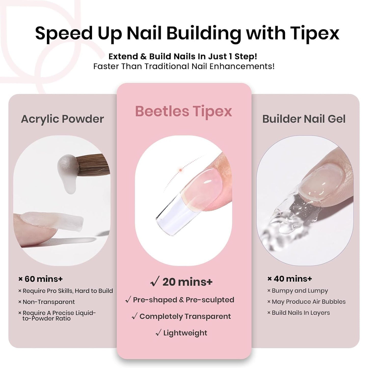 Beetles Tipex Nail Kit, Square Medium Nail Tips 224 Pcs 16 Sizes Pre-Etched Fake Nails with Tipex Nail Glue Mini Nail Lamp - Thick Acrylic Nail Set Pre-Builder Gel Press-on Nails-BrightBean Baby