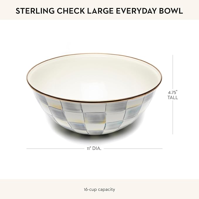 MACKENZIE-CHILDS Enamel Everyday Bowl, Serving Bowl for Entertaining, Large, Gray-and-White Sterling Check, Set of 1