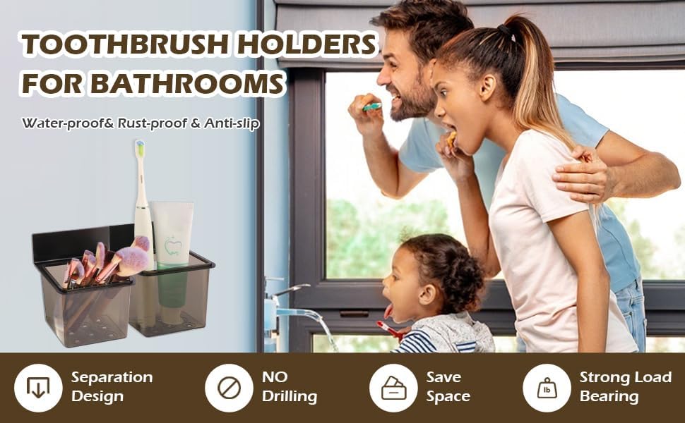 Toothbrush Holder Toothpaste Holder with Wall Mount for Family, Metal Frame & Plastic Black Bathroom Organizer Set with Adhere Tape for Bathroom -one Pack-BrightBean Baby