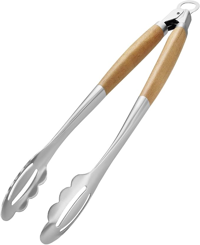 KULUNER Stainless Steel Barbecue Tongs with Solid Wood Handle, Kitchen Metal Locking Design, Extra Long 17.5 Inches 700 Degrees, Suitable for Food Cooking, Salad and Outdoor Grilling(Beechwood)